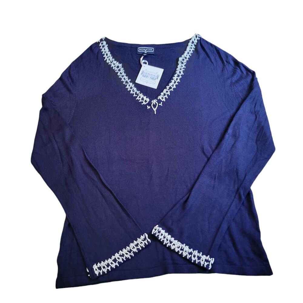 NWT Women's Size Large Duffield Lane Briggs Beaded Sweater Navy with White